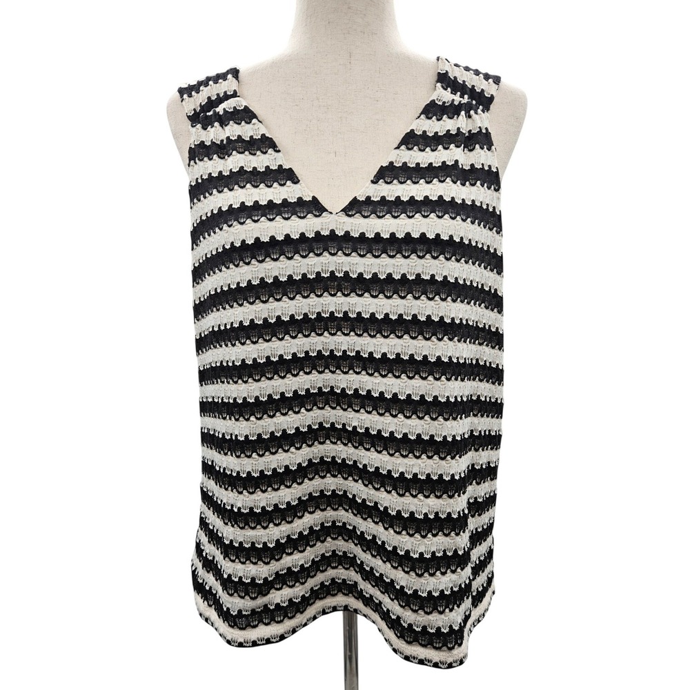 LOFT Womens Crochet Black White Striped Knit V-Neck Lined Tank Top Size L